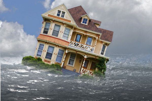 house depicted in a flood with water and reflection